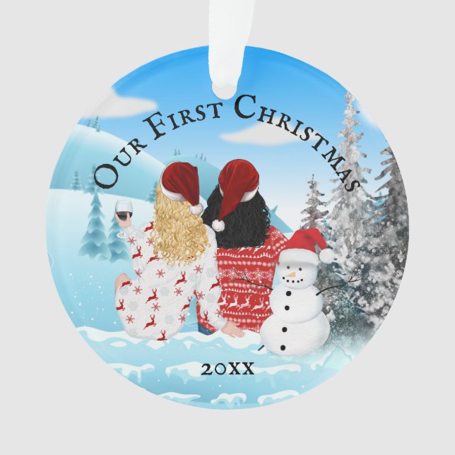 Caucasian lesbian couple snowman DIY photo Ornament (Front)