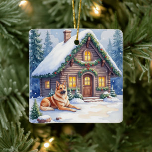 Caucasian Shepherd Dog Mountain Cabin Christmas Ceramic Ornament