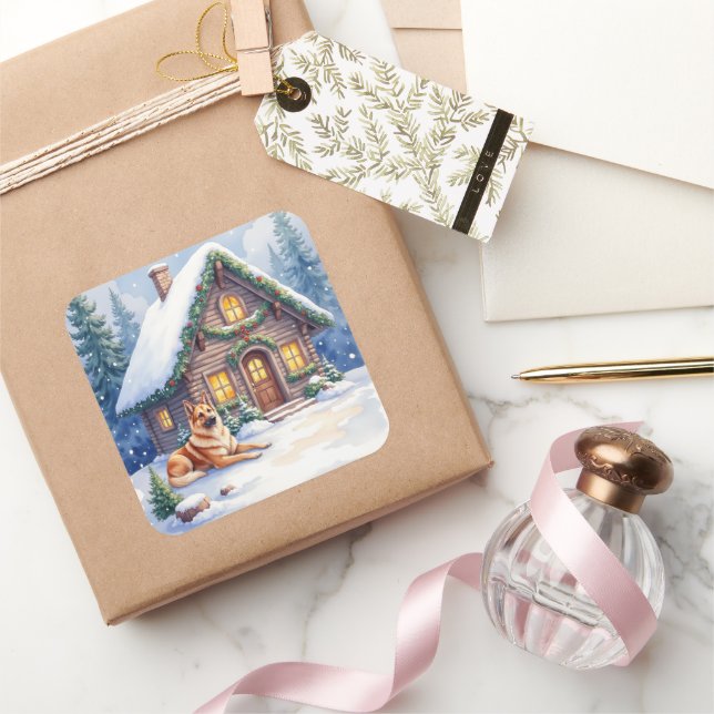 Caucasian Shepherd Dog Mountain Cabin Christmas Square Sticker (Gifting)