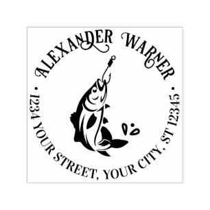 Caught Fish on Hook Name Return Address Self-inking Stamp