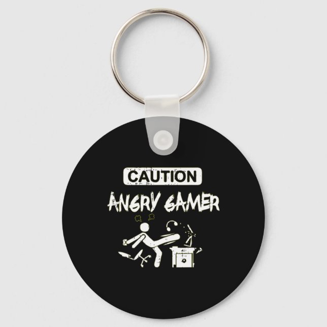Caution Angry Gamer Computer Funny Video Game Gift Keychain (Front)
