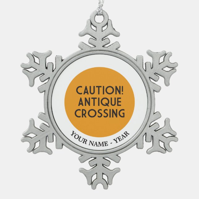 Caution! Antique Crossing Snowflake Pewter Christmas Ornament (Front)