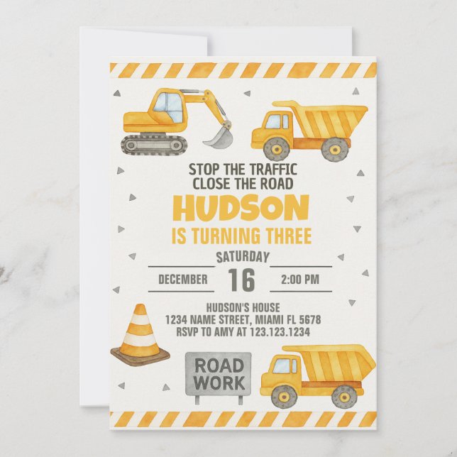 Caution! Construction Birthday Invitation (Front)