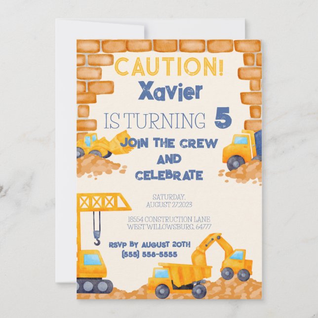 CAUTION! Construction Truck Birthday Invitation (Front)