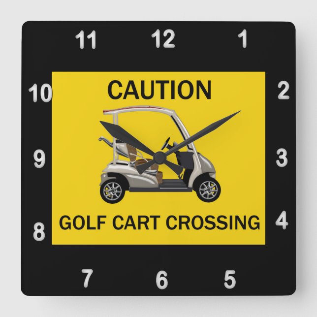 Caution Golf Cart Crossing Sign Square Wall Clock (Front)