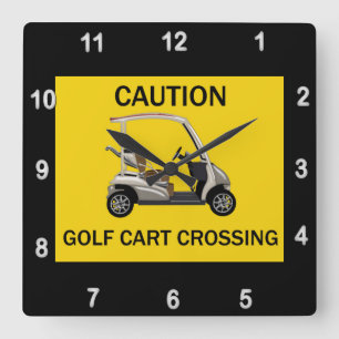 Caution Golf Cart Crossing Sign Square Wall Clock