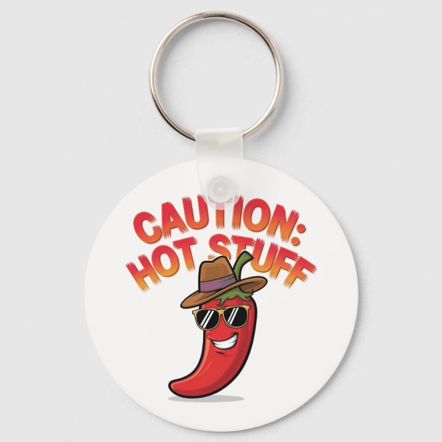 Caution: Hot Stuff Design - Fun Chili Pepper Keychain (Front)