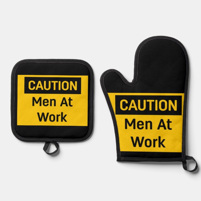 CAUTION Men at Work Oven Mitt & Pot Holder Set (Front)