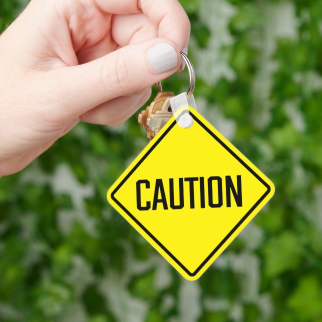Caution Metal Square Keychain (Hand)