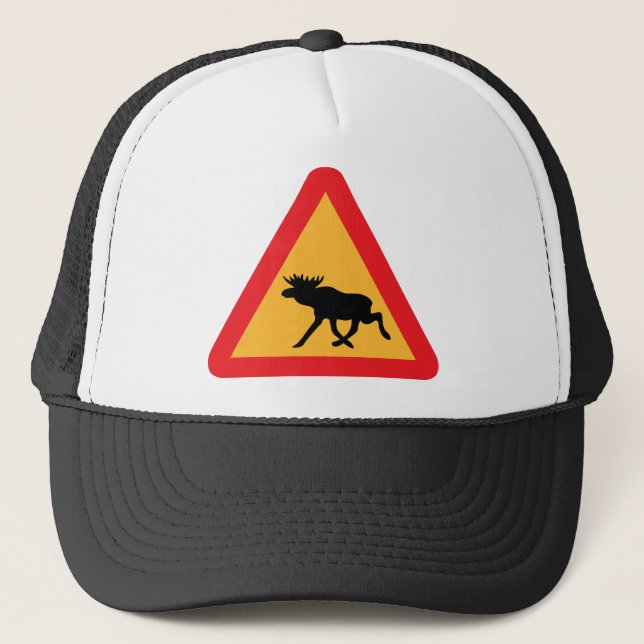 Caution Moose Swedish Traffic Sign Trucker Hat (Front)