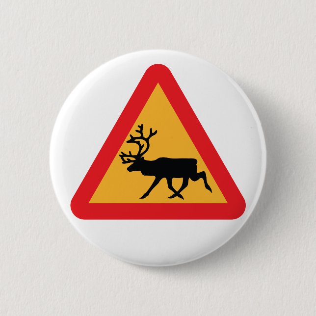 Caution Reindeer Swedish Traffic Sign 2 Inch Round Button (Front)