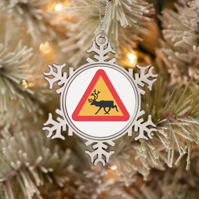 Caution Reindeer Swedish Traffic Sign Snowflake Pewter Christmas Ornament (Tree)