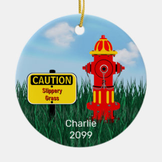 Caution Slippery Grass Dog Puppy Fire Hydrant  Cer Ceramic Ornament