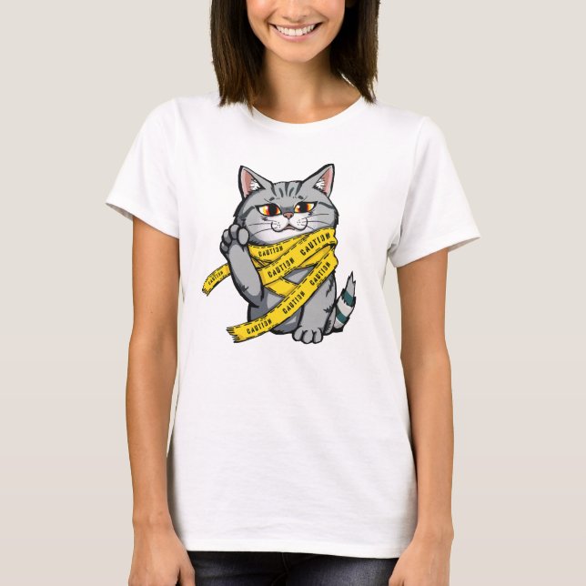 Caution Tape Cat – Funny Grey Tabby T-Shirt (Front)