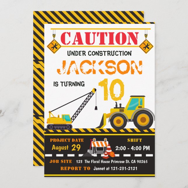 Caution Under Construction Dump Truck Boy Birthday Invitation (Front/Back)
