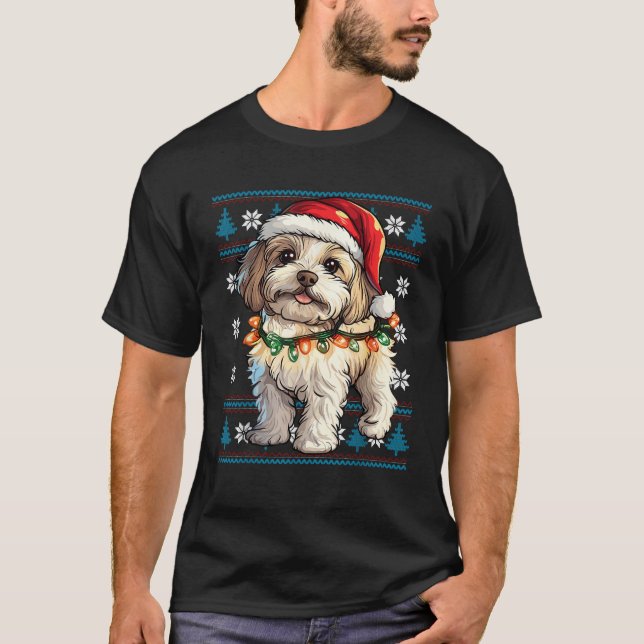 Cavachon Santa Xmas Tree Lights Cavachon Ugly Chri T-Shirt (Front)