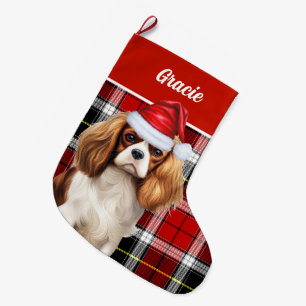 Cavalier Kind Charles Holiday Plaid Personalized Large Christmas Stocking