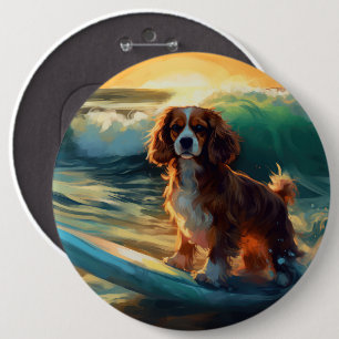Cavalier King Beach Surfing Painting 6 Inch Round Button