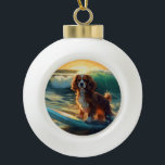 Cavalier King Beach Surfing Painting Ceramic Ball Christmas Ornament<br><div class="desc">Immerse yourself in the playful world of canine adventure with this captivating painting. A spirited dog takes to the waves, skilfully riding the surf on a sun-kissed beach. The vibrant artwork beautifully captures the essence of beachside excitement as the dog fearlessly rides the waves, embodying the spirit of fun and...</div>