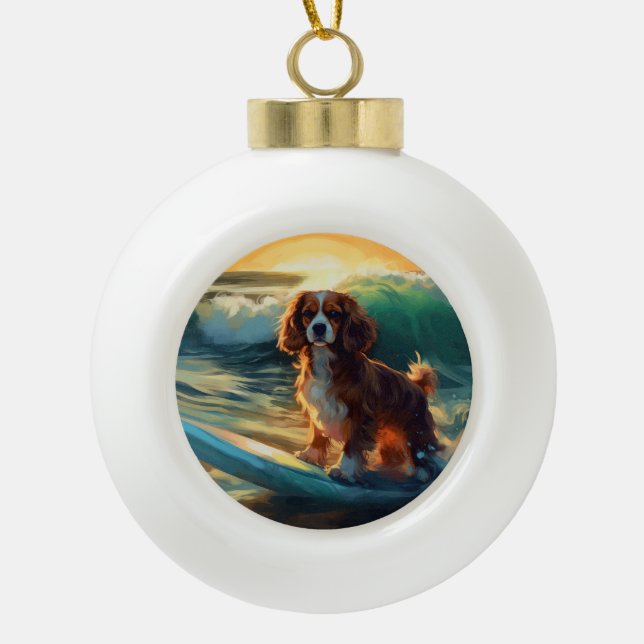 Cavalier King Beach Surfing Painting Ceramic Ball Christmas Ornament (Front)