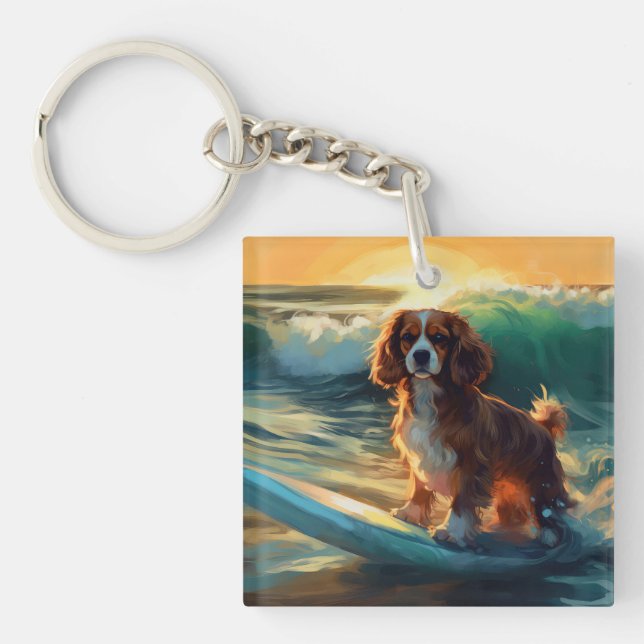 Cavalier King Beach Surfing Painting Keychain (Front)