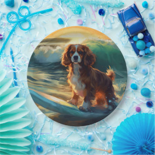 Cavalier King Beach Surfing Painting Paper Plate