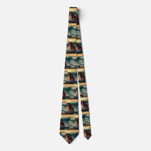 Cavalier King Beach Surfing Painting Tie (Front)