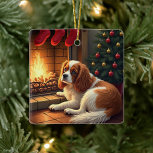 Cavalier King Charles by the Fireplace Christmas Ceramic Ornament