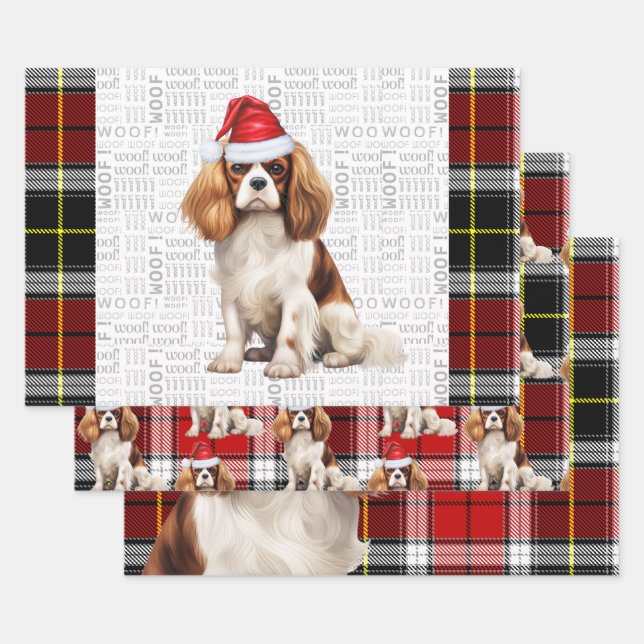 Cavalier King Charles Christmas Dog Holiday Plaid Wrapping Paper Sheet (Set)