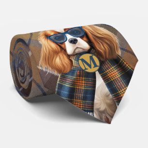 Cavalier King Charles Dog and Plaid Monogrammed Tie