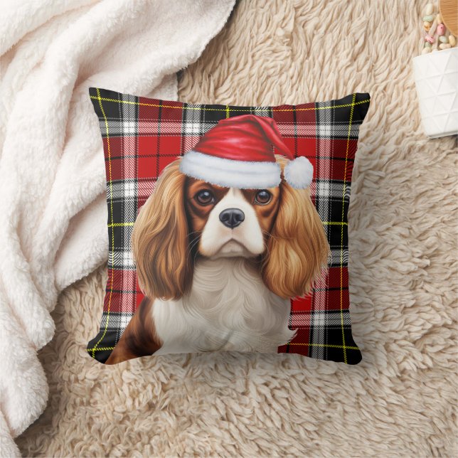 Cavalier King Charles Dog Plaid Christmas Holiday Throw Pillow (Blanket)