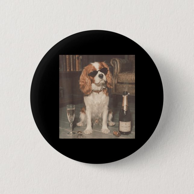 Cavalier King Charles Drinking Champagne Funny 2 Inch Round Button (Front)