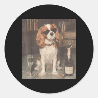 Cavalier King Charles Drinking Champagne Funny Classic Round Sticker