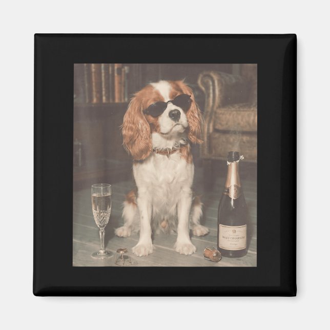 Cavalier King Charles Drinking Champagne Funny Magnet (Front)