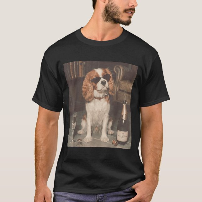 Cavalier King Charles Drinking Champagne Funny T-Shirt (Front)