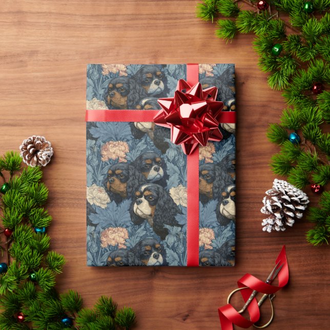 Cavalier King Charles Floral Blue Design Wrapping Paper (Holiday Gift)