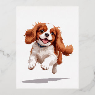 Cavalier King Charles Happy Playful Fun Jumping Foil Holiday Postcard