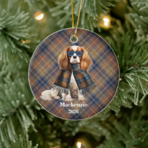 Cavalier King Charles Navy Plaid Personalized Dog Ceramic Ornament