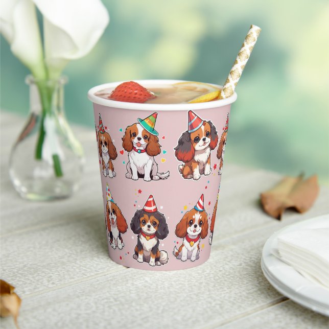 Cavalier King Charles Pastel Birthday Pattern Paper Cups (Insitu)