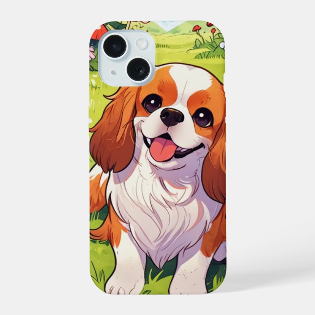 Cavalier King Charles Pastel flowers field iPhone 15 Case (Back)