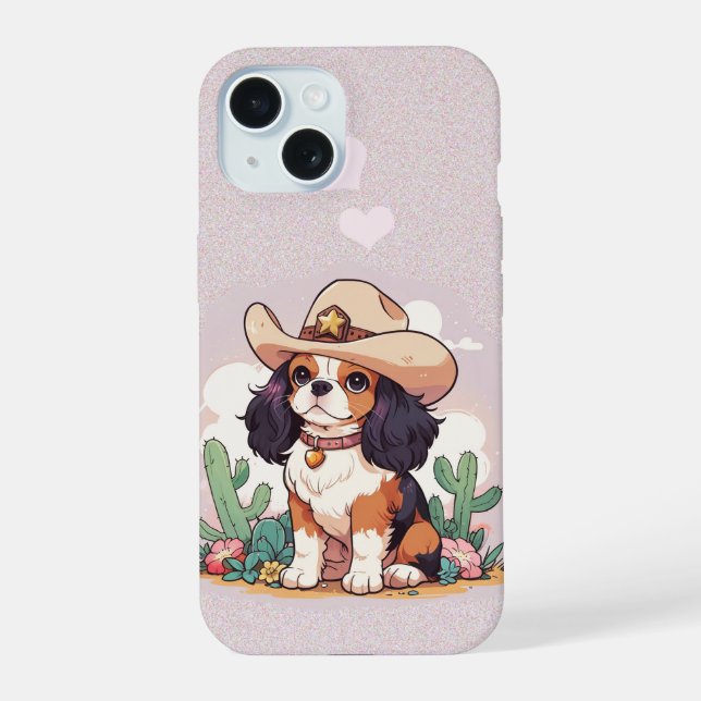 Cavalier King Charles pastel pink cowboy iPhone 15 Case (Back)