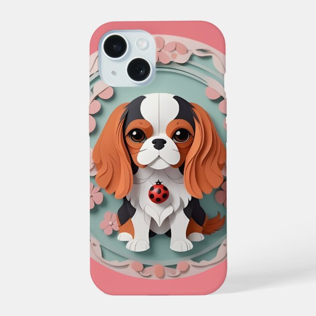 Cavalier King Charles Pink Flowers Paper Cutting iPhone 15 Case (Back)