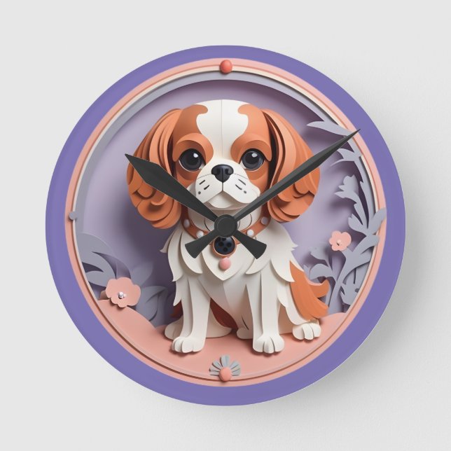 Cavalier King Charles Purple Pastel Paper Cutting Round Clock (Front)