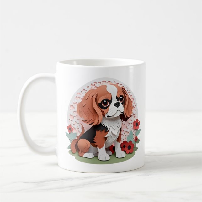 Cavalier King Charles Red Flowers Paper Cutting Coffee Mug (Left)