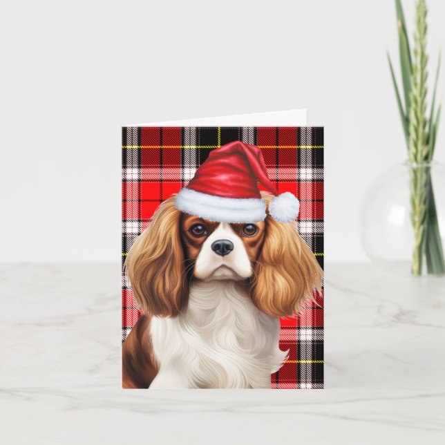 Cavalier King Charles Red Green Plaid Christmas Holiday Card (Front)