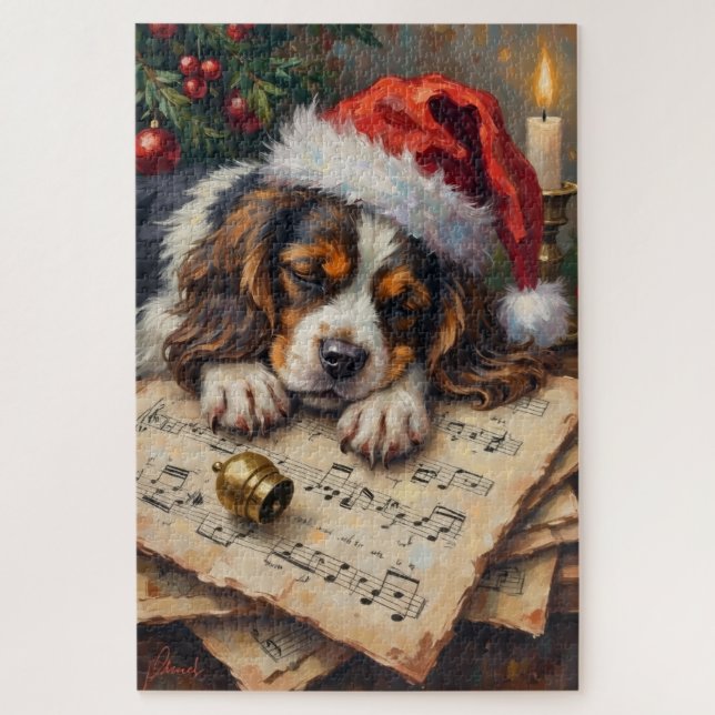 Cavalier King Charles Sleeping on Christmas Carols Jigsaw Puzzle (Vertical)
