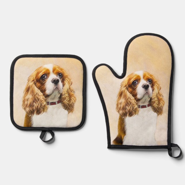 Cavalier King Charles Spaniel Cav Dog Art Painting Oven Mitt & Pot Holder Set (Front)