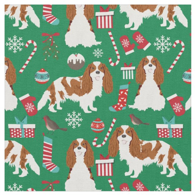 Cavalier King Charles Spaniel christmas green Fabric (Close Up)