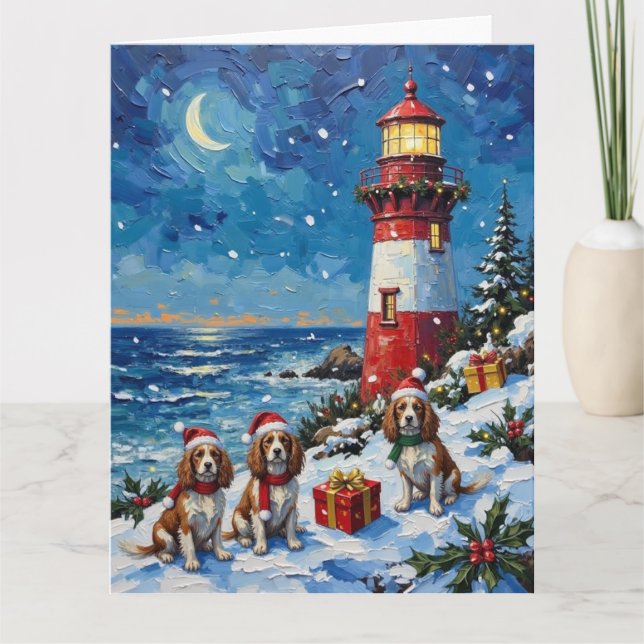 Cavalier King Charles Spaniel Christmas Lighthouse Card (Front)