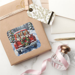 Cavalier King Charles Spaniel Christmas Red Truck Square Sticker